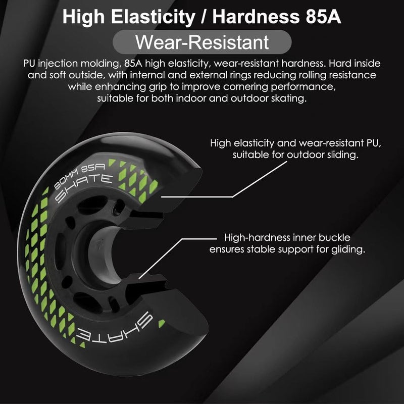 Kutrick 8 Pack Inline Skate Wheels 72mm, 76mm, 80mm - ABEC9 Bearing - 85A Durometer PU - Compatible with Rollerblade, Roller Derby, K2 Skate (Black, 80MM) - Image 5